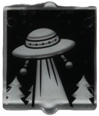 LEGO part Glass for Window 1 x 2 x 2 Flat Front with Retro UFO with Beam and Trees on Black Background Pattern 60601pb050