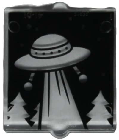LEGO onderdeel Glass for Window 1 x 2 x 2 Flat Front with Retro UFO with Beam and Trees on Black Background Pattern (60601pb050)