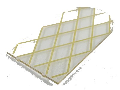 LEGO onderdeel Glass for Door Frame 1 x 6 x 7 Arched with Notches and Rounded Pillars with Gold Lattice Pattern (65066pb01)