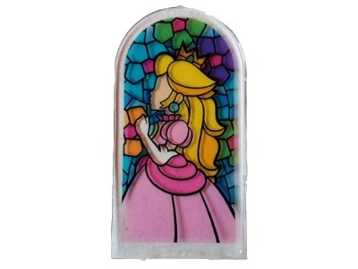 LEGO onderdeel Glass for Door Frame 1 x 6 x 7 Arched with Notches and Rounded Pillars with Stained Glass and Princess with Bright Pink and Dark Pink Dress Pattern (65066pb09)