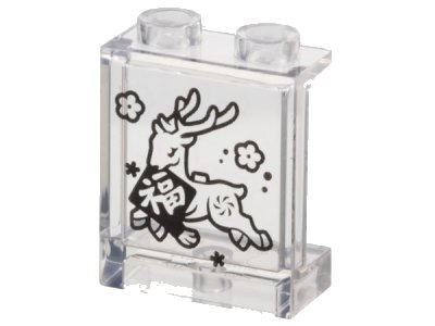 LEGO part Panel 1 x 2 x 2 with Side Supports - Hollow Studs with Black Deer Buck, Flowers, Dots and Chinese Logogram '福' (Wealth) Pattern (87552pb126)