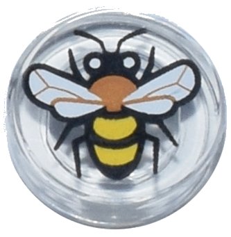 LEGO part Tile, Round 1 x 1 with Black, Medium Nougat and Yellow Bee with White Eyes and Wings Pattern (98138pb448)