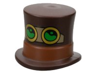 LEGO part Minifigure, Headgear Hat, Top Hat Large with Molded Reddish Brown Band and Printed Black, Dark Tan and Gold Goggles with Bright Green Lenses Pattern 101777pb03