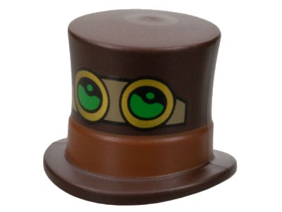 LEGO part Minifigure, Headgear Hat, Top Hat Large with Molded Reddish Brown Band and Printed Black, Dark Tan and Gold Goggles with Bright Green Lenses Pattern (101777pb03)