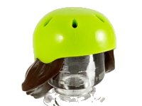 LEGO part Minifigure, Hair Combo, Hair with Hat, Medium Length with Molded Lime Bicycle Helmet Pattern 54647pb01