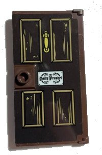 LEGO part Door 1 x 4 x 6 with Stud Handle with Dark Brown Wooden Door with White 'the Daily Prophet' Sign Plate Pattern (Sticker) - Set 75978 60616pb066