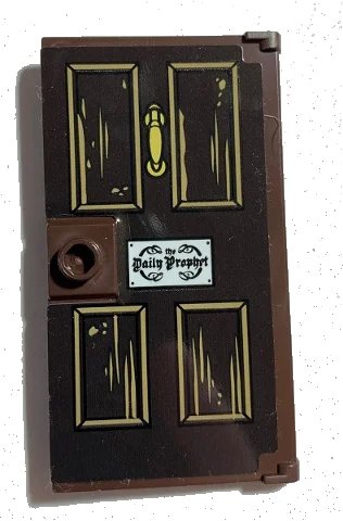 LEGO onderdeel Door 1 x 4 x 6 with Stud Handle with Dark Brown Wooden Door with White 'the Daily Prophet' Sign Plate Pattern (Sticker) - Set 75978 (60616pb066)