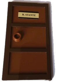 LEGO part Door 1 x 4 x 6 with 3 Panes with Molded Reddish Brown Glass with Stud Handle and 'R. STANTZ' Pattern (Sticker) - Set 75827 60797pb05