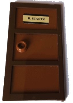 LEGO onderdeel Door 1 x 4 x 6 with 3 Panes with Molded Reddish Brown Glass with Stud Handle and 'R. STANTZ' Pattern (Sticker) - Set 75827 (60797pb05)
