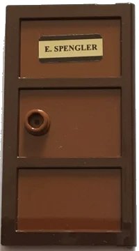 LEGO onderdeel Door 1 x 4 x 6 with 3 Panes with Molded Reddish Brown Glass with Stud Handle and 'E. SPENGLER' Pattern (Sticker) - Set 75827 60797pb07