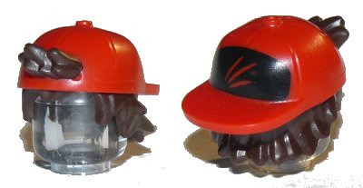 LEGO onderdeel Minifigure, Hair Combo, Hair with Hat, Short Tousled Hair with Red Cap, Short Curved Bill with 3 Red Streaks on Black Pattern (65730pb01)