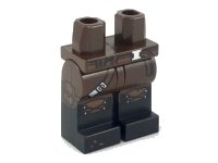 LEGO part Hips and Legs with Molded Black Lower Legs / Boots and Printed Reddish Brown Belt and Strap with Silver Buckles, Boot Tongues with Laces, and Pouch on Right Side Pattern 970c00pb0898