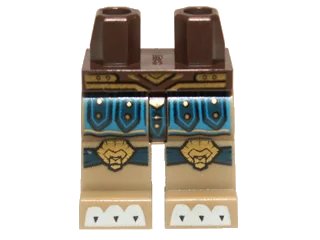 LEGO onderdeel Hips and Dark Tan Legs with Blue and Dark Blue Loincloth, Gold Lion Head Knee Pads and Belt and White Claws Pattern (970c69pb07)