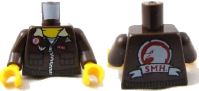LEGO onderdeel Torso Pharaoh's Quest Aviator Jacket with Eagle and 'SMH' Pattern on Back / Dark Brown Arms / Yellow Hands (973pb0785c01)