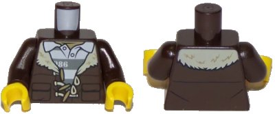 LEGO onderdeel Torso Town Prisoner Shirt Under Fur-Lined Jacket with Pockets and '86' Pattern / Dark Brown Arms / Yellow Hands (973pb2919c01)