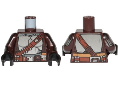 LEGO onderdeel Torso SW Mandalorian Silver Beskar Armor Plates and Reddish Brown Belts Pattern (Din Djarin) / Dark Brown Arms with Silver Beskar Plates Pattern / Black Hands (973pb4119c01)