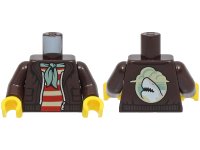 LEGO part Torso Open Jacket with Silver Zipper over Red and Tan Striped Shirt, Sand Green Bandana, Shark on Back Pattern / Dark Brown Arms / Yellow Hands 973pb4862c01