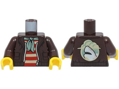 LEGO onderdeel Torso Open Jacket with Silver Zipper over Red and Tan Striped Shirt, Sand Green Bandana, Shark on Back Pattern / Dark Brown Arms / Yellow Hands (973pb4862c01)