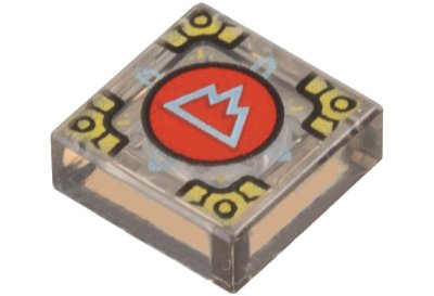 LEGO part Tile 1 x 1 with Metallic Light Blue Mountain on Red Circle (Symbol of Arborea) and Gold Corners Pattern (Dungeons & Dragons Cubic Gate) (3070pb366)