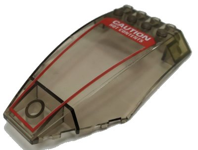 LEGO onderdeel Windscreen 10 x 6 x 2 Curved with White 'CAUTION HOT CONTENTS' and Red Frame Pattern (Sticker) - Set 70908 (45705pb031)