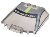 LEGO onderdeel Windscreen 6 x 6 x 1 1/3 Straight Sides with Black Window Frame Outline, Dark Bluish Gray Roof and Lime Stripe, 'ASTON MARTIN RACING' Pattern 65633pb10
