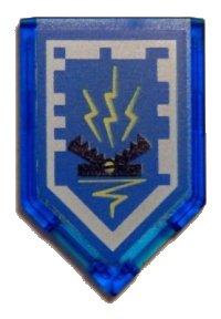 LEGO part Tile, Modified 2 x 3 Pentagonal with Nexo Power Shield Pattern - Zap Zap 22385pb065