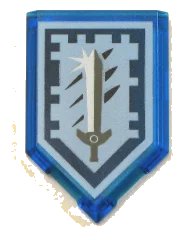 LEGO part Tile, Modified 2 x 3 Pentagonal with Nexo Power Shield Pattern - Titanium Sword 22385pb100