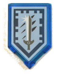 LEGO onderdeel Tile, Modified 2 x 3 Pentagonal with Nexo Power Shield Pattern - Titanium Sword (22385pb100)