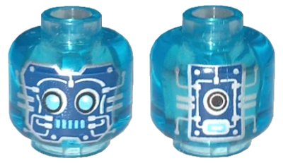 LEGO onderdeel Minifigure, Head Alien Robot with Medium Azure Eyes and Mouth, Dark Blue Panels with Silver Circuitry and Circles Pattern - Vented Stud (3626pb3345)