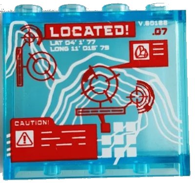 LEGO onderdeel Panel 1 x 4 x 3 with Side Supports - Hollow Studs with Red Crosshairs, 'LOCATED!' and 'CAUTION!' on White Map Pattern (Sticker) - Set 60188 (60581pb188)