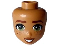 LEGO part Mini Doll, Head Friends with Reddish Brown Eyebrows and Freckles, Olive Green Eyes, Dark Orange Lips, and Open Mouth Smile with Teeth Pattern 101176