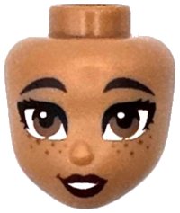 LEGO part Mini Muñeca, Cabeza Friends con Cejas Marrón Oscuro, Ojos Marrón Medio y Pecas, Labios Rojo Oscuro, Patrón de Sonrisa Abierta con Dientes 104934