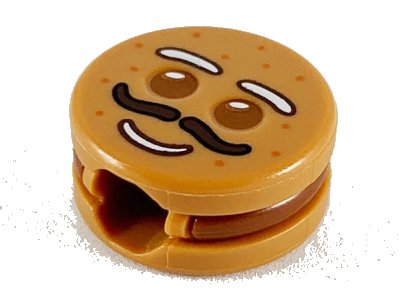 LEGO onderdeel Minifigure, Head, Modified Cookie Shape with Reddish Brown Eyes and Frosting, White Eyebrows and Mouth, Dark Brown Moustache Pattern (Gingerbread Man) (14396c01pb03)