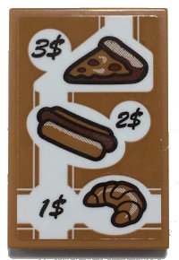 LEGO part Tile 2 x 3 with Menu, '3$', Pizza Slice, Hot Dog, '2$', '1$', Croissant Pattern (Sticker) - Set 70425 26603pb164