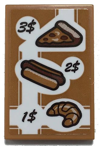 LEGO onderdeel Tile 2 x 3 with Menu, '3$', Pizza Slice, Hot Dog, '2$', '1$', Croissant Pattern (Sticker) - Set 70425 (26603pb164)