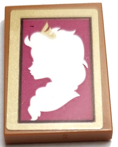 LEGO onderdeel Tile 2 x 3 with White Elsa Silhouette on Magenta Background in Gold Frame Pattern (Sticker) - Set 41167 (26603pb382)