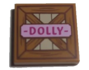 LEGO onderdeel Tile 2 x 2 with Wooden Fence and Bright Pink Name Tag with Magenta 'DOLLY' Pattern (3068pb1117)
