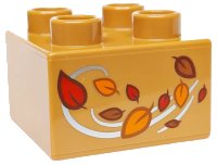 LEGO part Duplo, Brick 2 x 2 with Red, Orange and Reddish Brown Leaves and Silver Wind Swirls Pattern 3437pb124