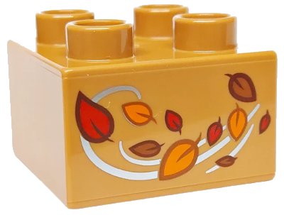 LEGO onderdeel Duplo, Brick 2 x 2 with Red, Orange and Reddish Brown Leaves and Silver Wind Swirls Pattern (3437pb124)