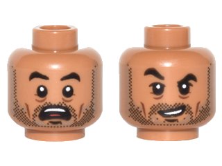 LEGO onderdeel Minifigure, Head Dual Sided Black Eyebrows, Stubble Beard, White Pupils, Open Mouth Scared / Crooked Grin, Eyebrow Raised Pattern (3626pb1570)