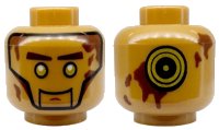 LEGO part Minifigure, Head Alien with Gold Eyes, Reddish Brown Eyebrows and Splotches, Gold and Black Concentric Circles on Back Pattern 3626pb1662
