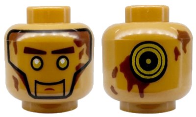 LEGO onderdeel Minifigure, Head Alien with Gold Eyes, Reddish Brown Eyebrows and Splotches, Gold and Black Concentric Circles on Back Pattern (3626pb1662)