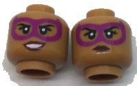 LEGO part Minifigure, Head Dual Sided Female Magenta Eye Mask, Dark Red Lips, Grin with Teeth / Neutral Pattern 3626pb1718