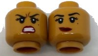 LEGO onderdeel Minifigure, Head Dual Sided Female Black Eyebrows, Beauty Mark, Red Lips, Lopsided Smile / Fierce Pattern 3626pb1784