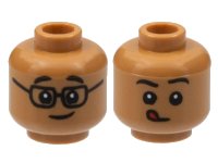 LEGO part Minifigure, Head Dual Sided Child Black Eyebrows, Glasses and Grin / Closed Mouth with Red Tongue Licking Pattern - Hollow Stud 3626pb2994