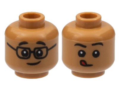 LEGO onderdeel Minifigure, Head Dual Sided Child Black Eyebrows, Glasses and Grin / Closed Mouth with Red Tongue Licking Pattern - Hollow Stud (3626pb2994)