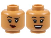 LEGO part Minifigure, Head Dual Sided Female, Black Eyebrows, Dark Red Lips, Lopsided Grin with Raised Eyebrow Right / Open Mouth Smile Pattern - Hollow Stud 3626pb3125