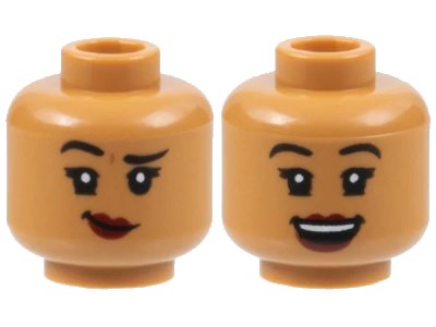 LEGO onderdeel Minifigure, Head Dual Sided Female, Black Eyebrows, Dark Red Lips, Lopsided Grin with Raised Eyebrow Right / Open Mouth Smile Pattern - Hollow Stud (3626pb3125)