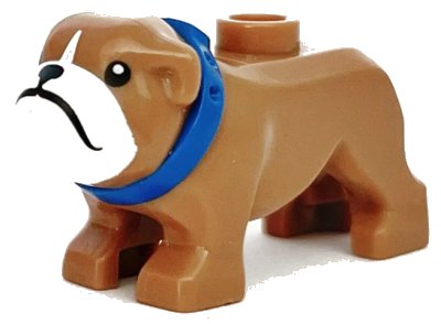 LEGO onderdeel Dog, Bulldog with Molded Blue Collar and Printed Black Eyes, Nose and Mouth, and White Muzzle Pattern (65388pb02)