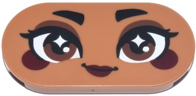 LEGO onderdeel Tile, Round 2 x 4 Oval with Face, Black Eyebrows and Eyelashes, Reddish Brown Eyes and Eye Shadow, Dark Red Cheeks and Lips, Smile Pattern (Jasmine) (66857pb118)